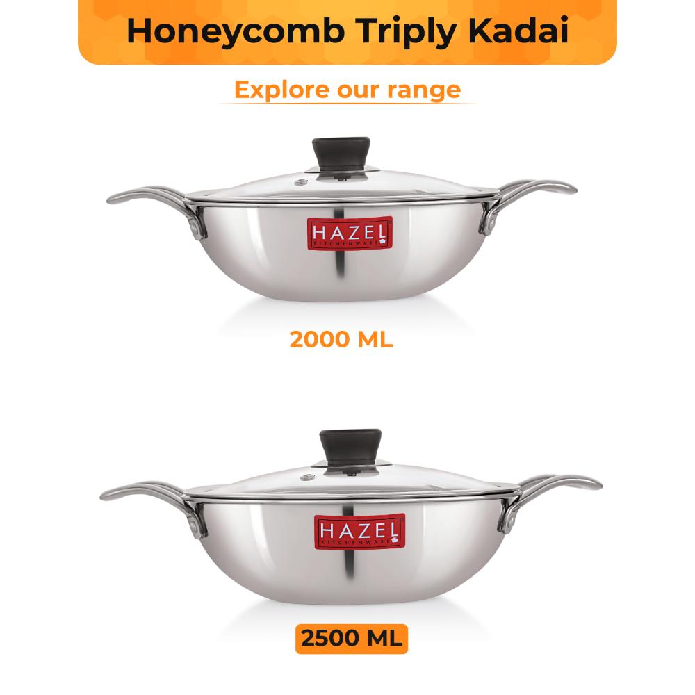 Honeycomb Triply Steel Kadhai with Glass Lid – 24 cm, 2.5 L