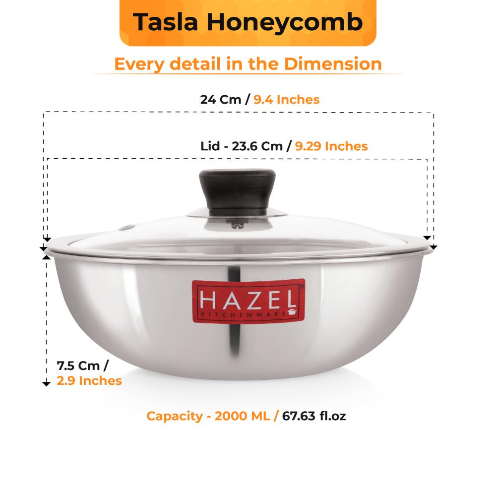 Honeycomb Triply Non-Stick Tasla with Glass Lid – 22 cm, 2 L