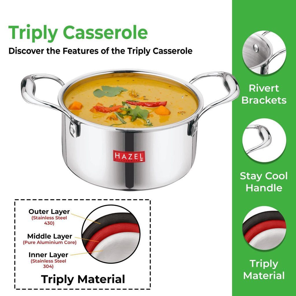 Triply Stainless Steel Casserole With Lid, 4.2 L, 22.5 cm |Induction Base Cook and Serve Pot