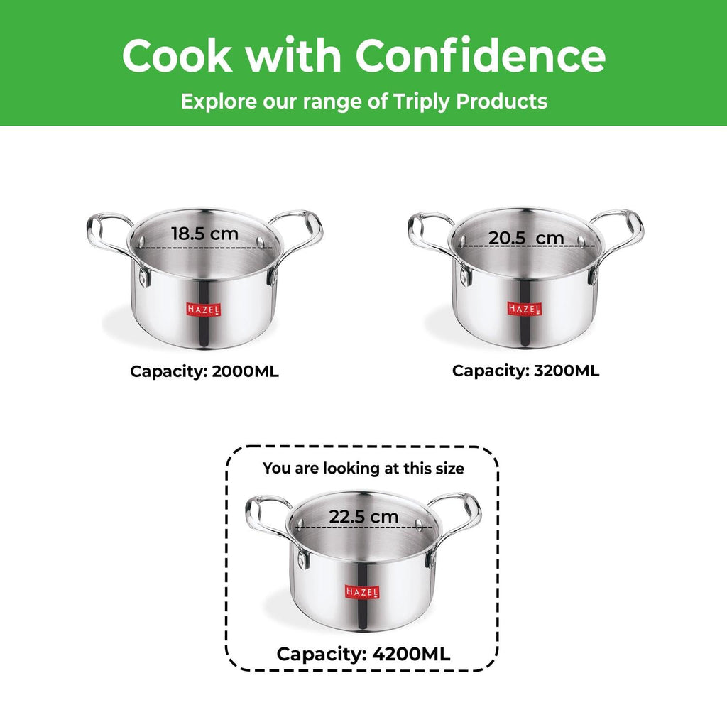 Triply Stainless Steel Casserole With Lid, 4.2 L, 22.5 cm |Induction Base Cook and Serve Pot
