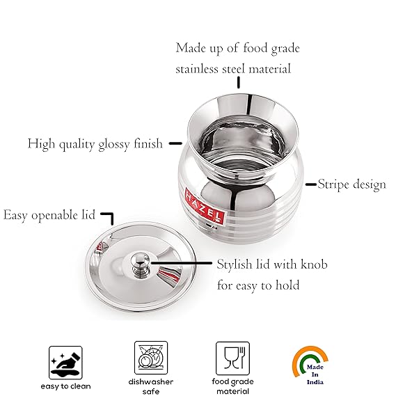 Stainless steel lota with lid and labelled design callouts
