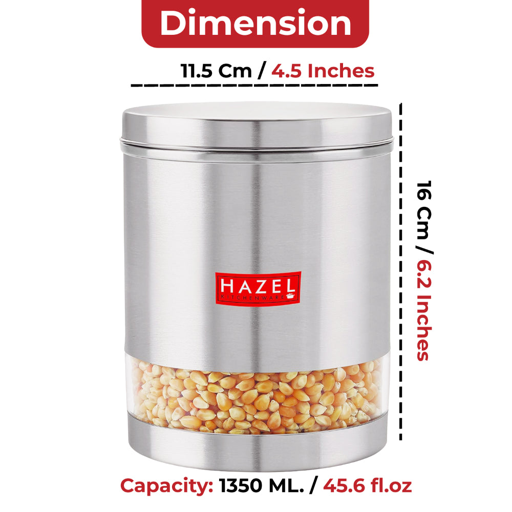 Container filled with corn kernels annotated with diameter, height, and capacity dimension callouts.