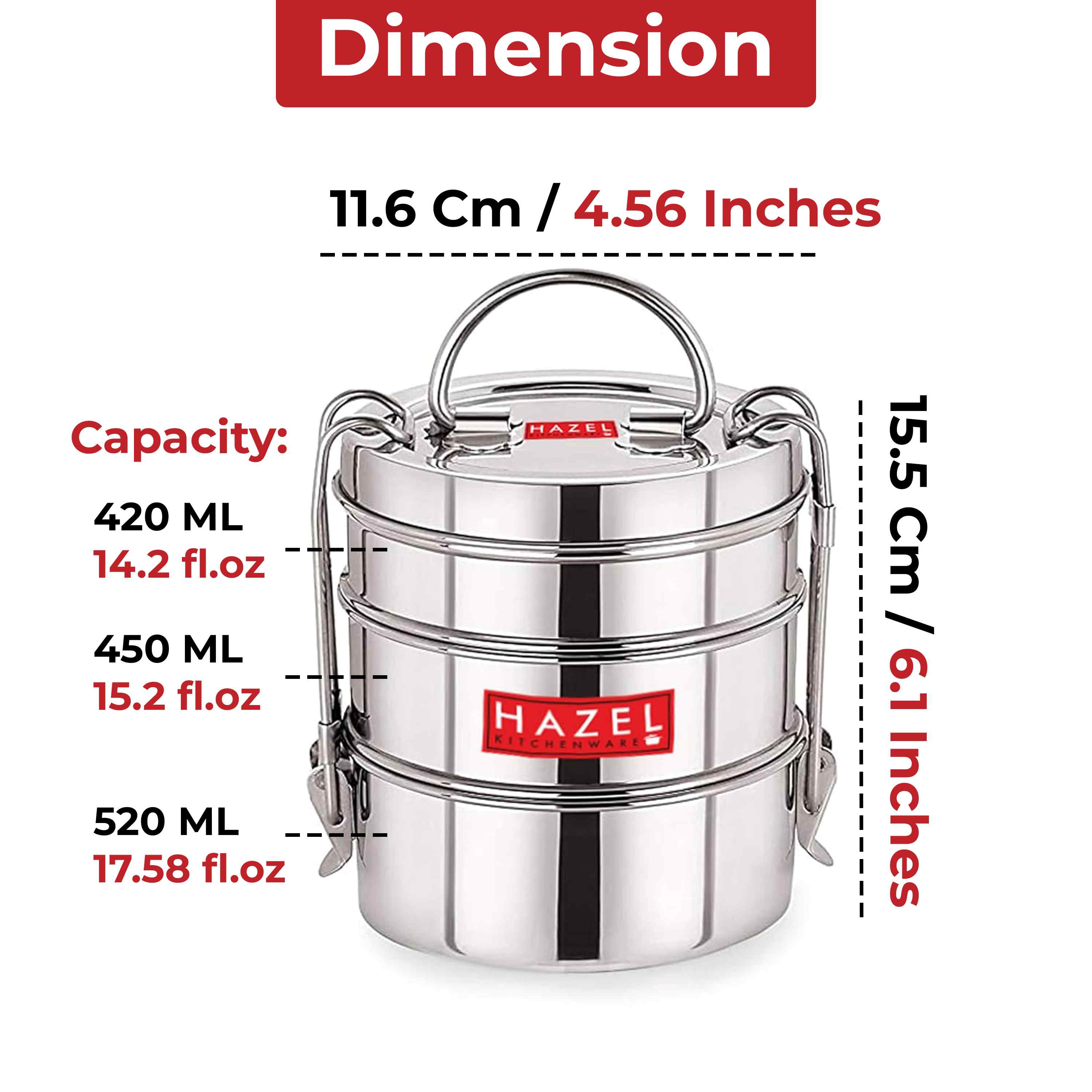 Stainless Steel 3 Tier Tiffin Dabba With Locking Clip (420, 450, 520ML)