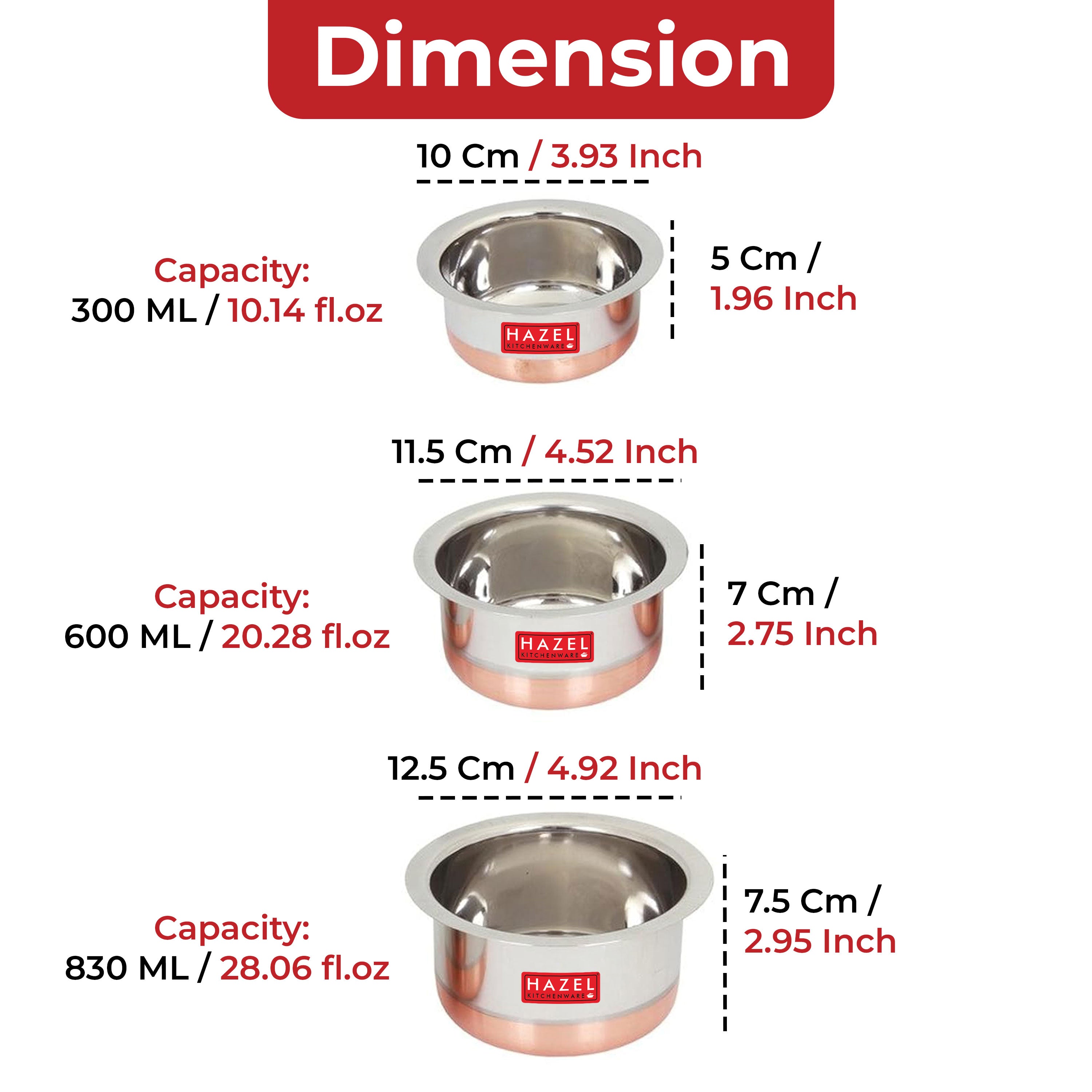 Stainless Steel Copper  Bottom Patila  (Tope) , Set Of 3 - 350ML, 600ML, 830ML
