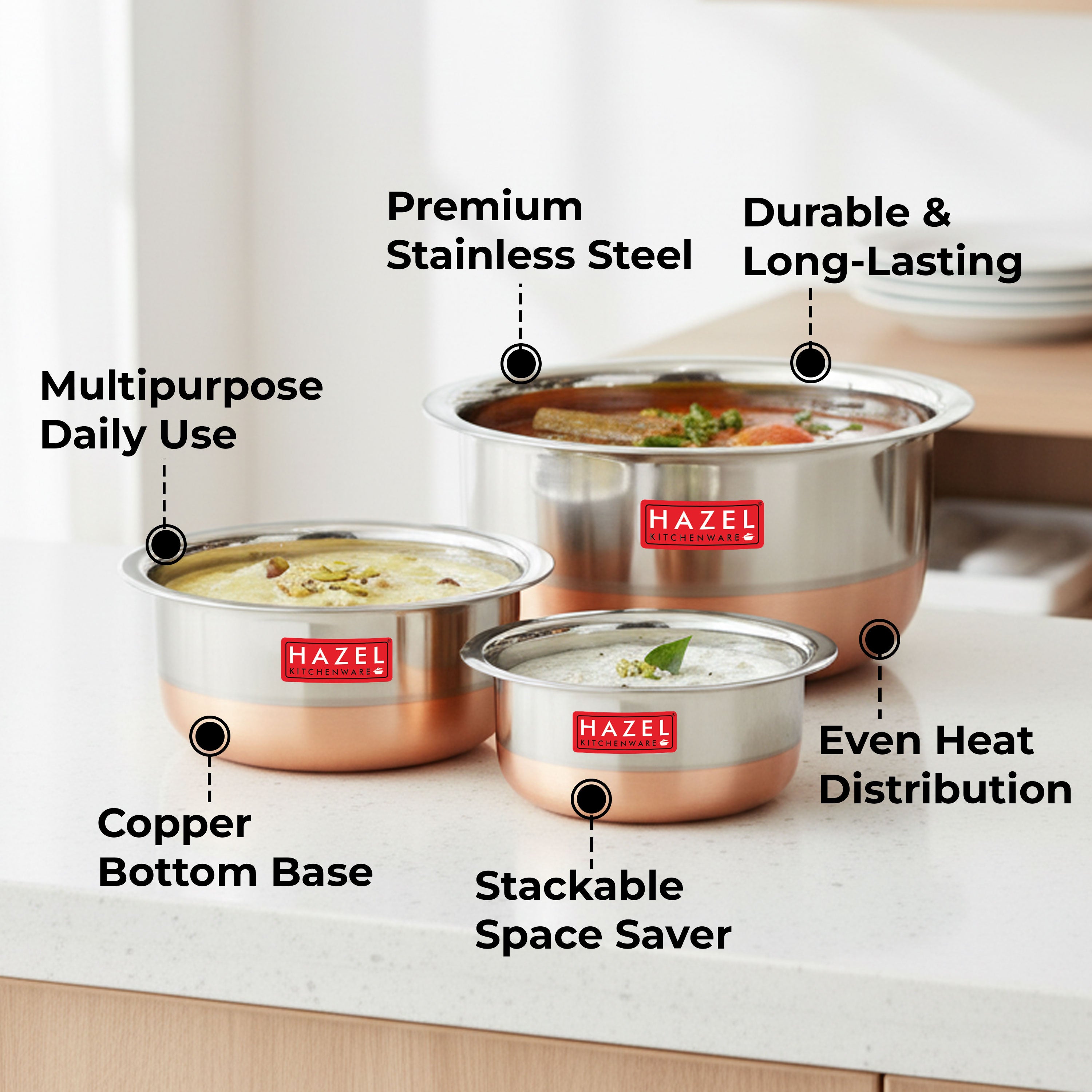Stainless Steel Copper  Bottom Patila  (Tope) , Set Of 3 - 350ML, 600ML, 830ML