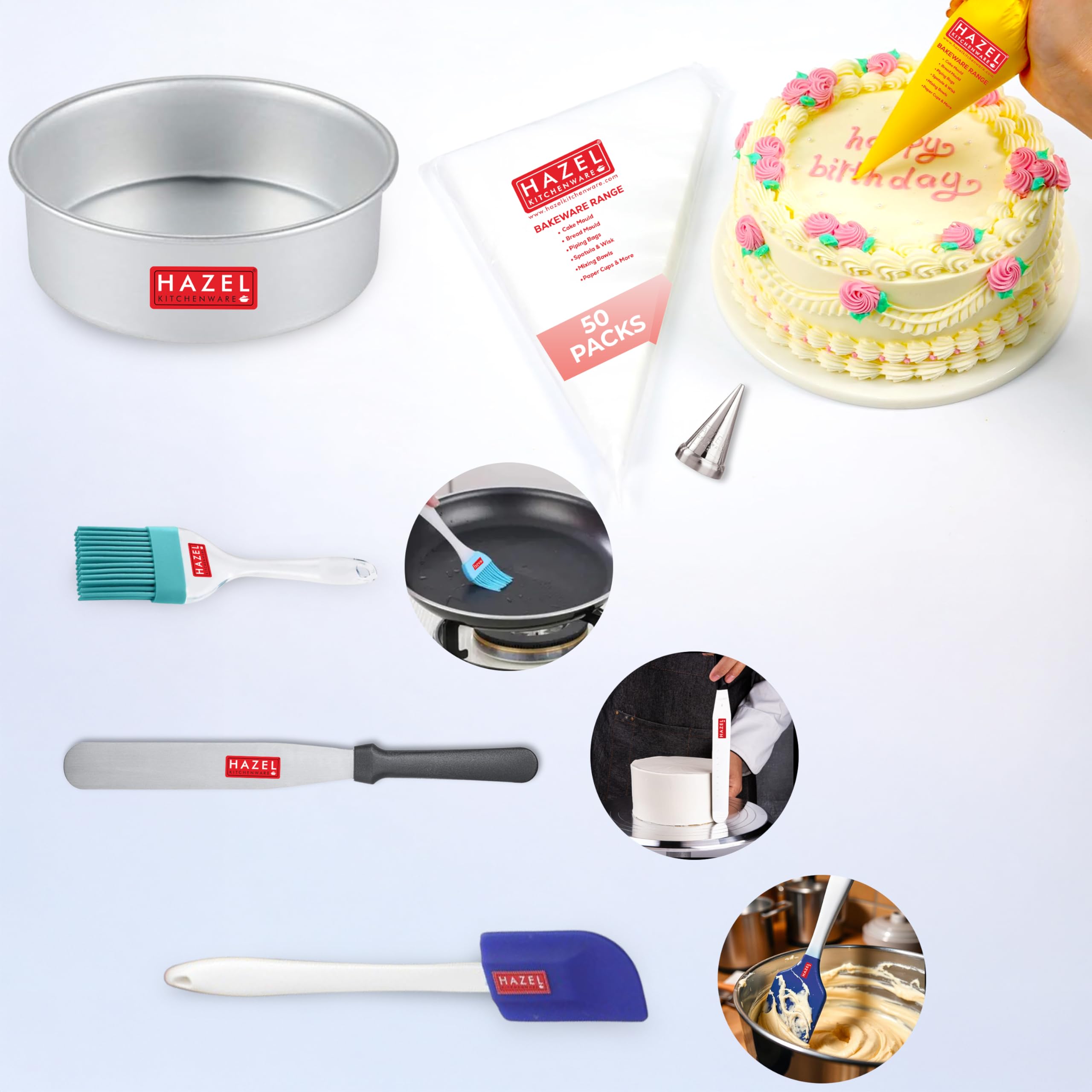 DIY Bakeware Combo Set of 6 – (Cake Mould, 50 Piping Bags, Nozzle, Spatula, Silicon Brush, Pallet Knife)