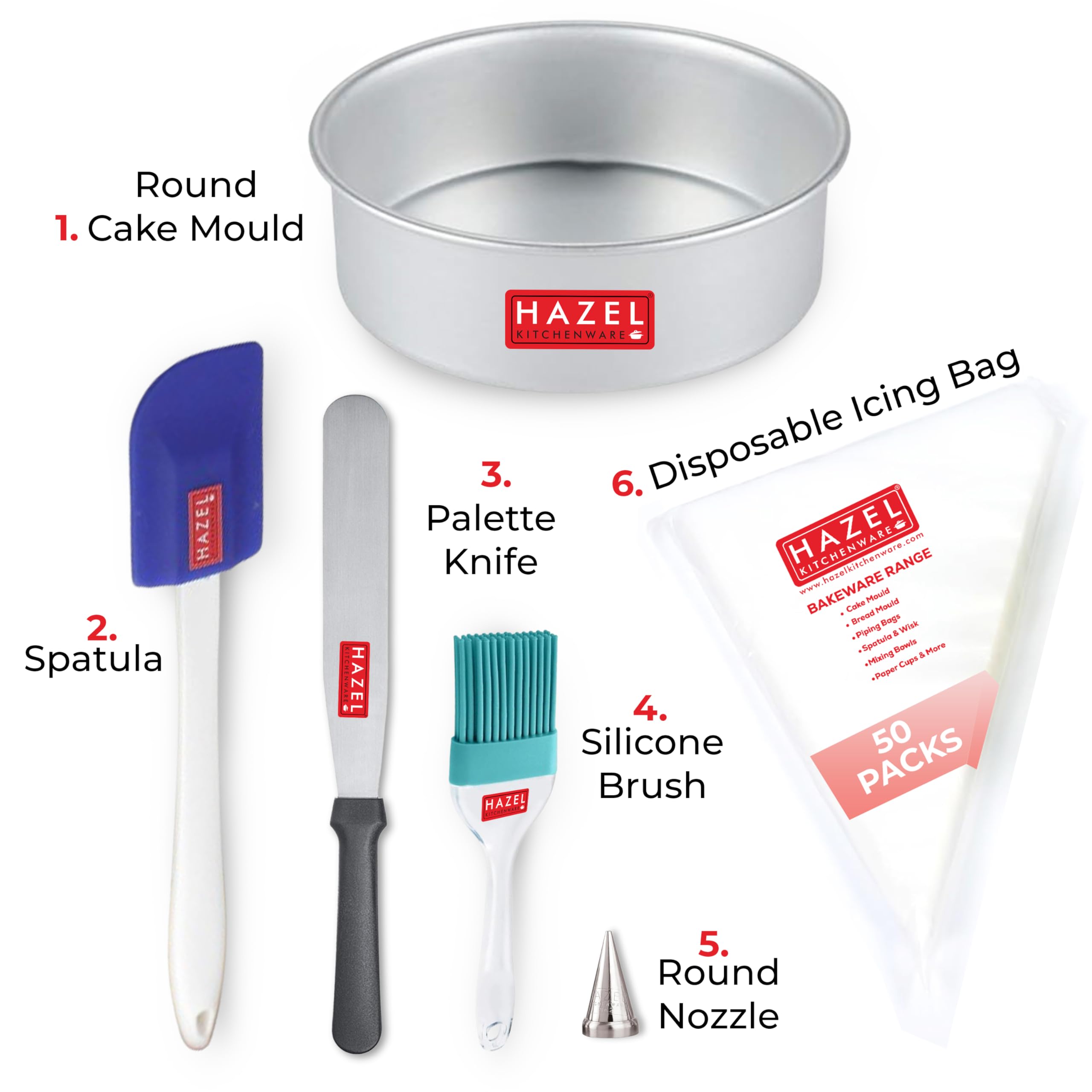 DIY Bakeware Combo Set of 6 – (Cake Mould, 50 Piping Bags, Nozzle, Spatula, Silicon Brush, Pallet Knife)