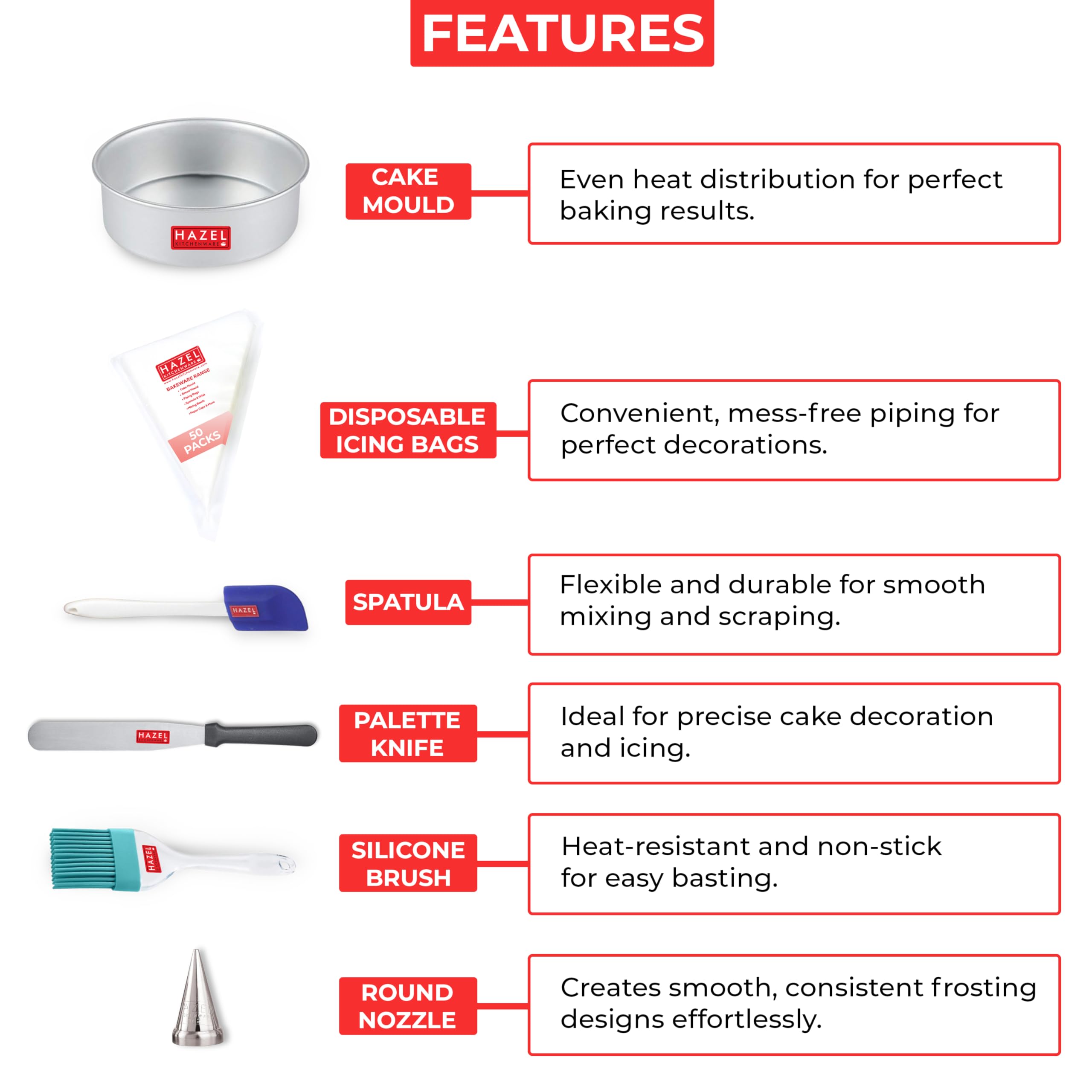 DIY Bakeware Combo Set of 6 – (Cake Mould, 50 Piping Bags, Nozzle, Spatula, Silicon Brush, Pallet Knife)