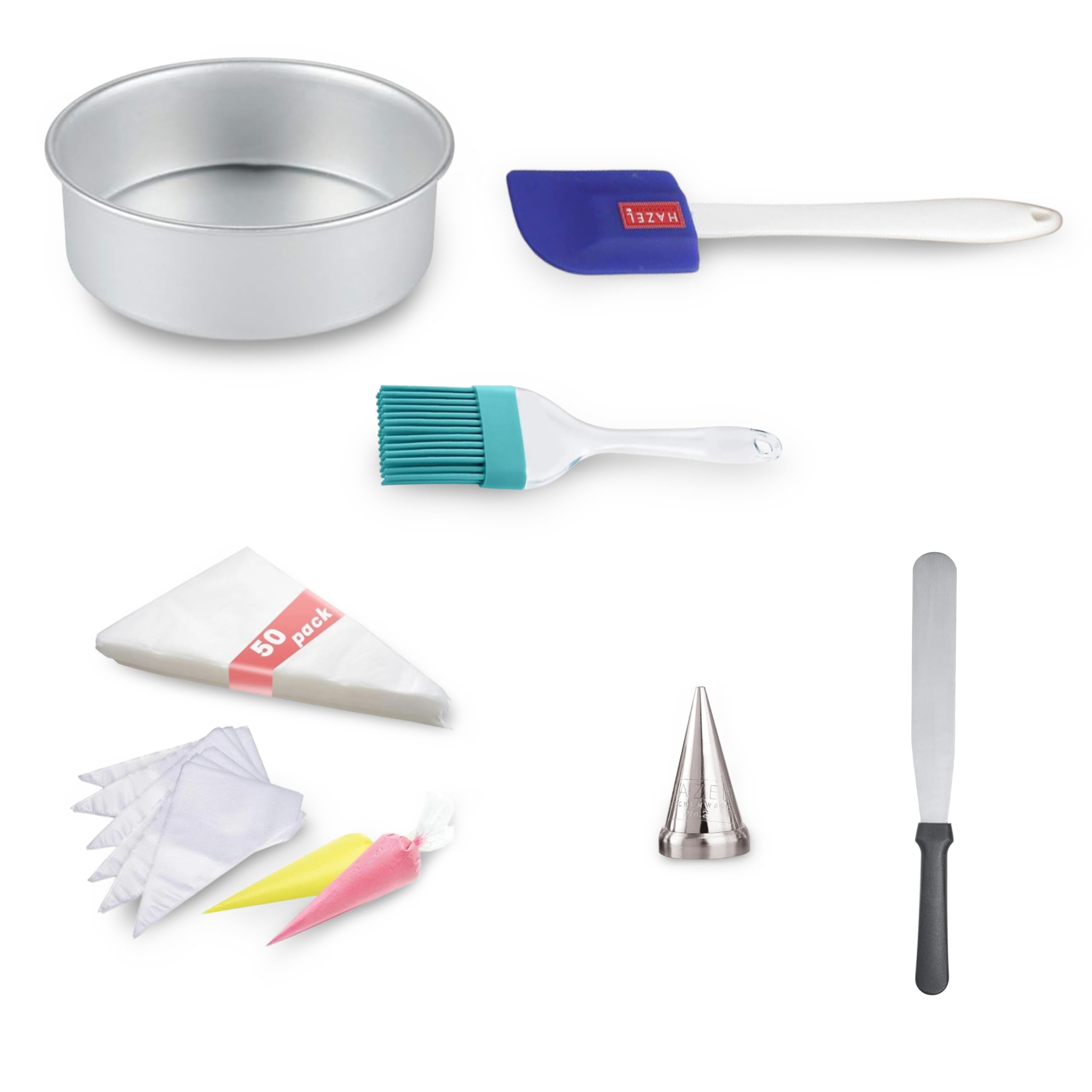 DIY Bakeware Combo Set of 6 – (Cake Mould, 50 Piping Bags, Nozzle, Spatula, Silicon Brush, Pallet Knife)