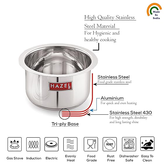 Stainless Steel Induction Tope (1100, 1500, 2000 ML) with Lid (16.8, 18.8, 20 cm) - Set with highlighted construction details