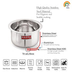 Stainless Steel Induction Tope (1100, 1500, 2000 ML) with Lid (16.8, 18.8, 20 cm) - Set with highlighted construction details