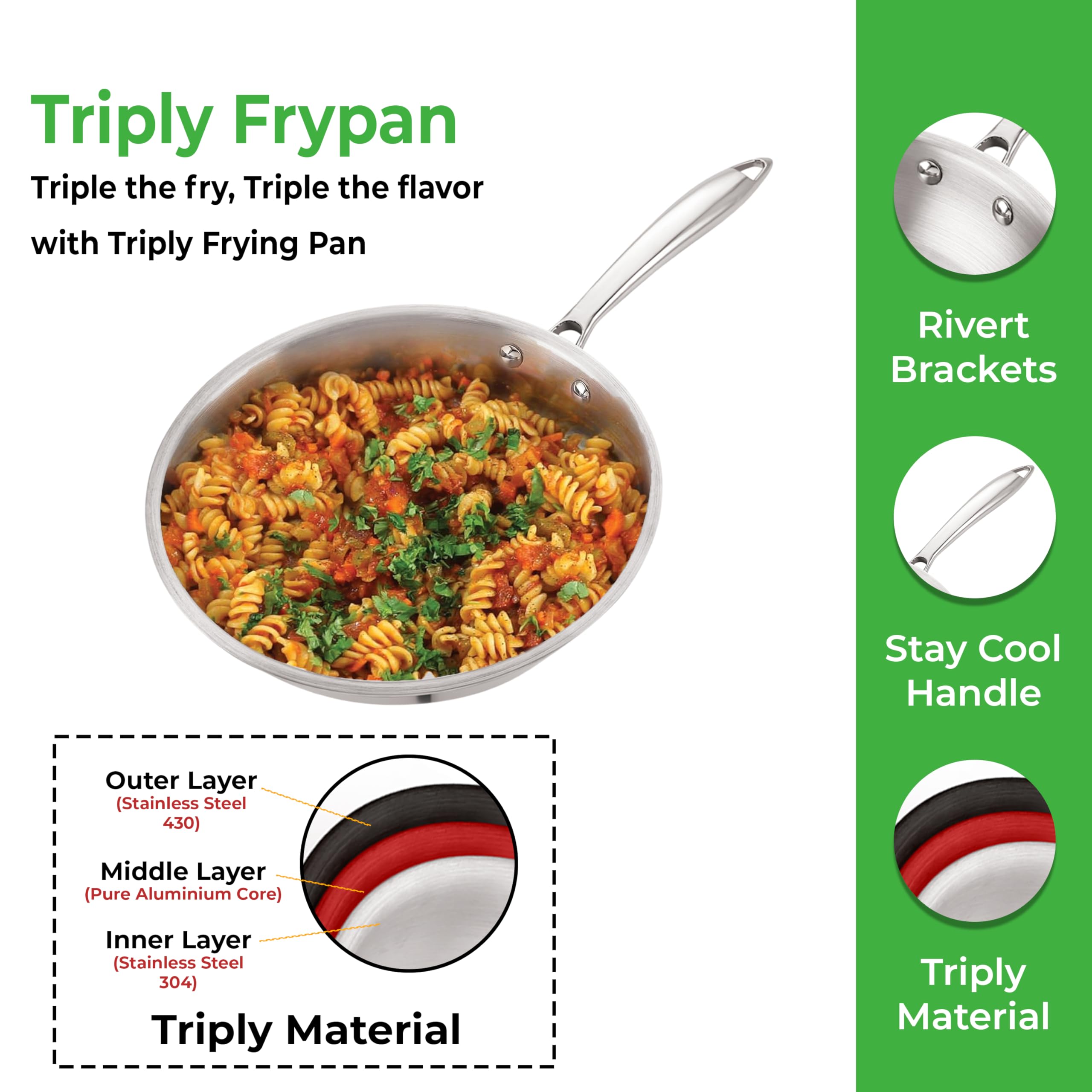 Steel Triply Stainless Fry Pan, 1.5 L, 22 cm |Induction Base