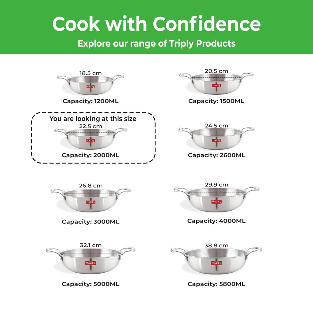 Triply Stainless Steel Induction Bottom Kadhai With  Steel Lid, 2 L, 22.5 cm