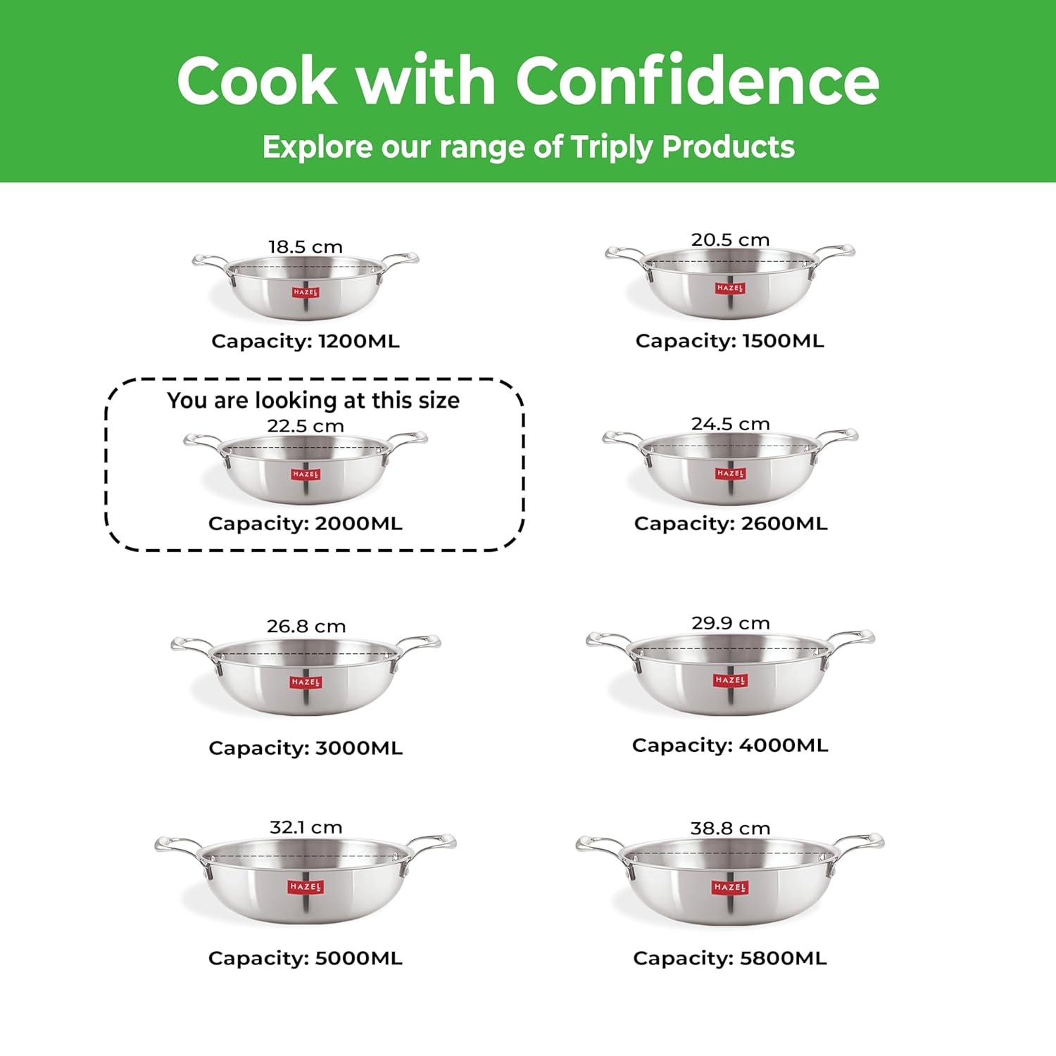 Triply Stainless Steel Induction Bottom Kadhai With  Steel Lid, 2 L, 22.5 cm