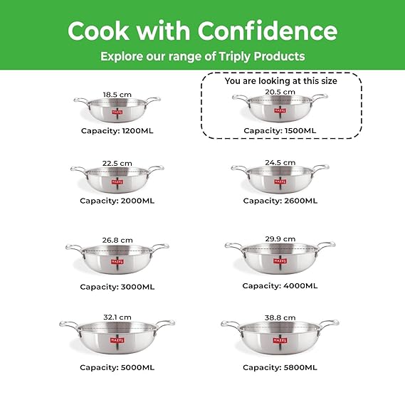 'Cook with Confidence' size-range chart displaying the kadhai in capacities from 1200ML to 5800ML.