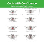 'Cook with Confidence' size-range chart displaying the kadhai in capacities from 1200ML to 5800ML.