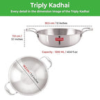 Dimension diagram of the kadhai labelling diameter, height and a 1200 ML capacity.