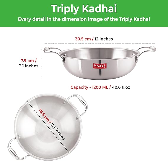 Dimension diagram of the kadhai labelling diameter, height and a 1200 ML capacity.