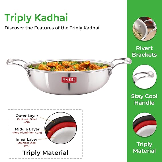 Feature graphic showing the kadhai with paneer curry alongside rivet bracket, stay-cool handle and triply material callouts.