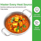 Paneer curry cooking in the steel kadhai next to a green banner about mastering every heat source.