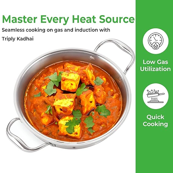 Paneer curry cooking in the steel kadhai next to a green banner about mastering every heat source.