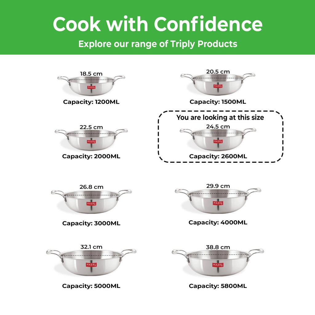 Triply Kadhai with Lid, Induction Bottom - 2.6 L , 24.5 cm