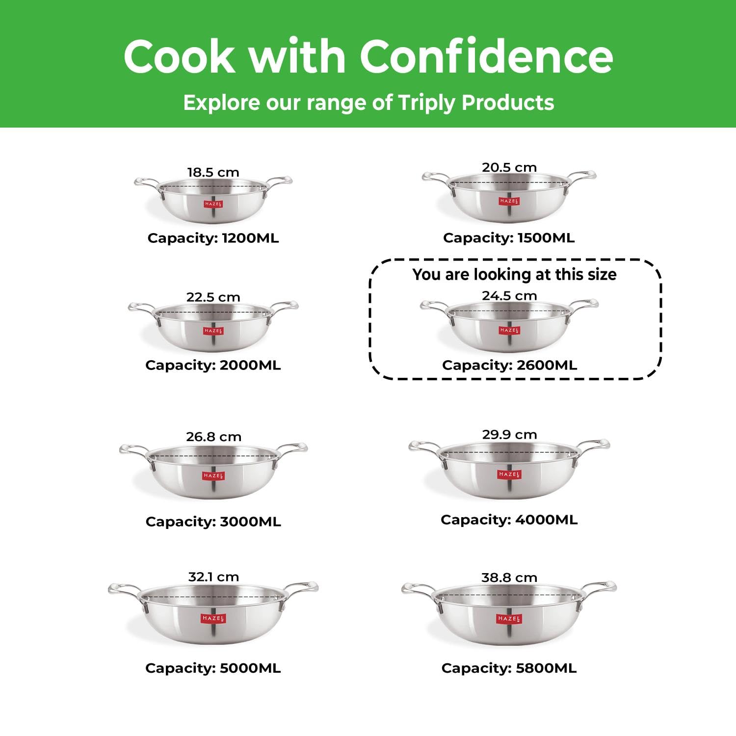 Triply Kadhai with Lid, Induction Bottom - 2.6 L , 24.5 cm