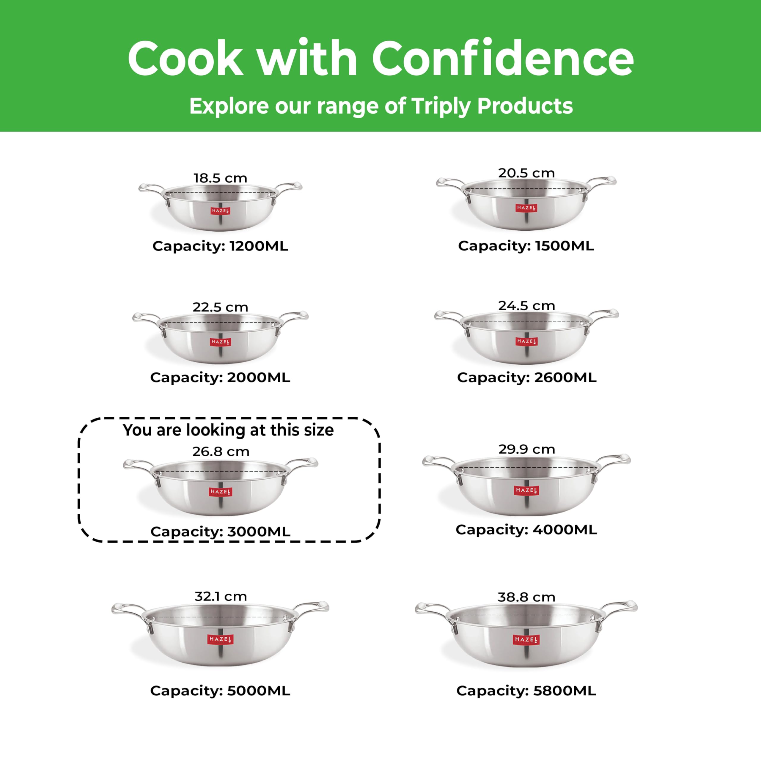 Triply Stainless Steel Induction Base Kadhai With  Steel Lid, 3 L, 26.8 cm