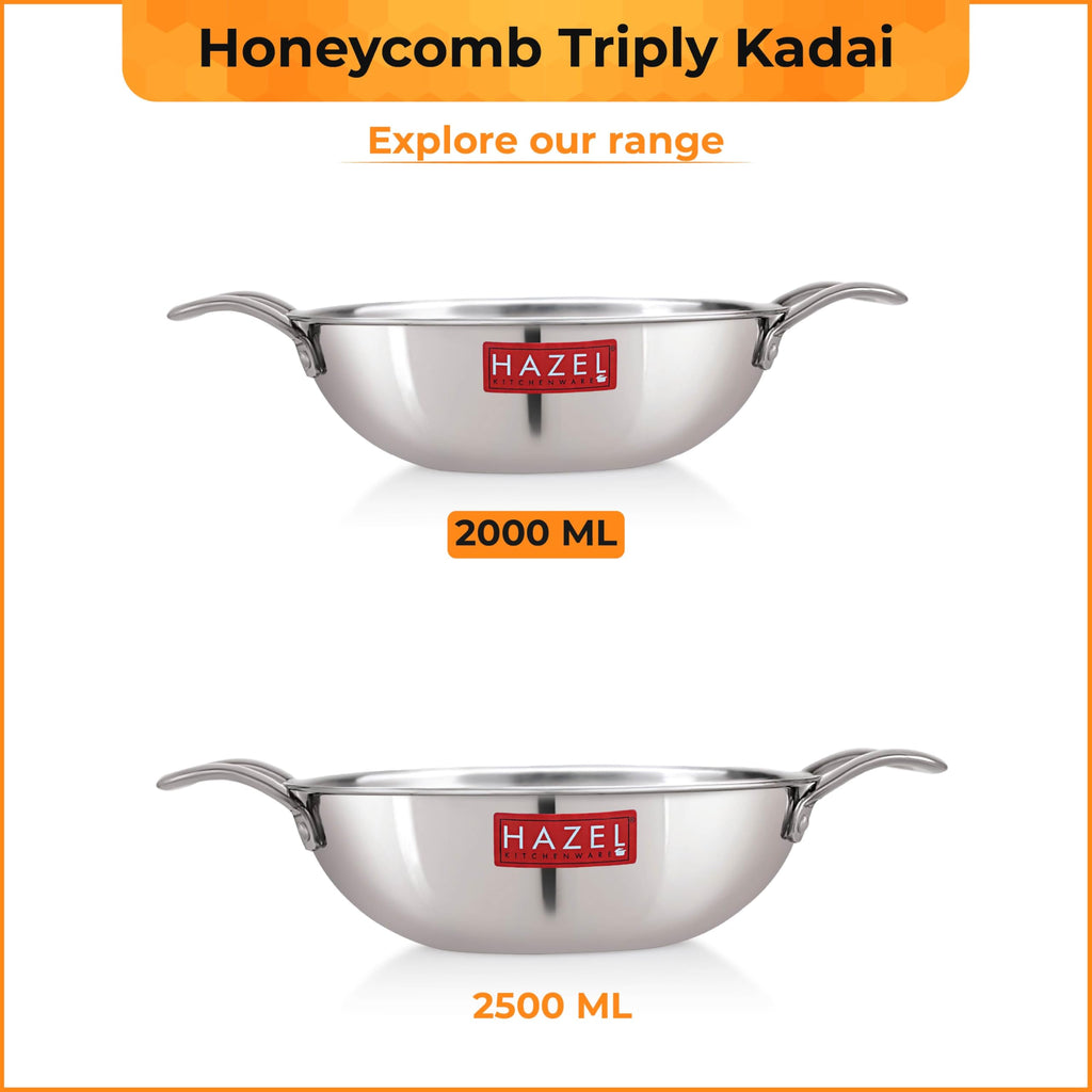 Honeycomb Triply Steel Kadhai with Glass Lid, Non Stick – 22 cm, 2 L