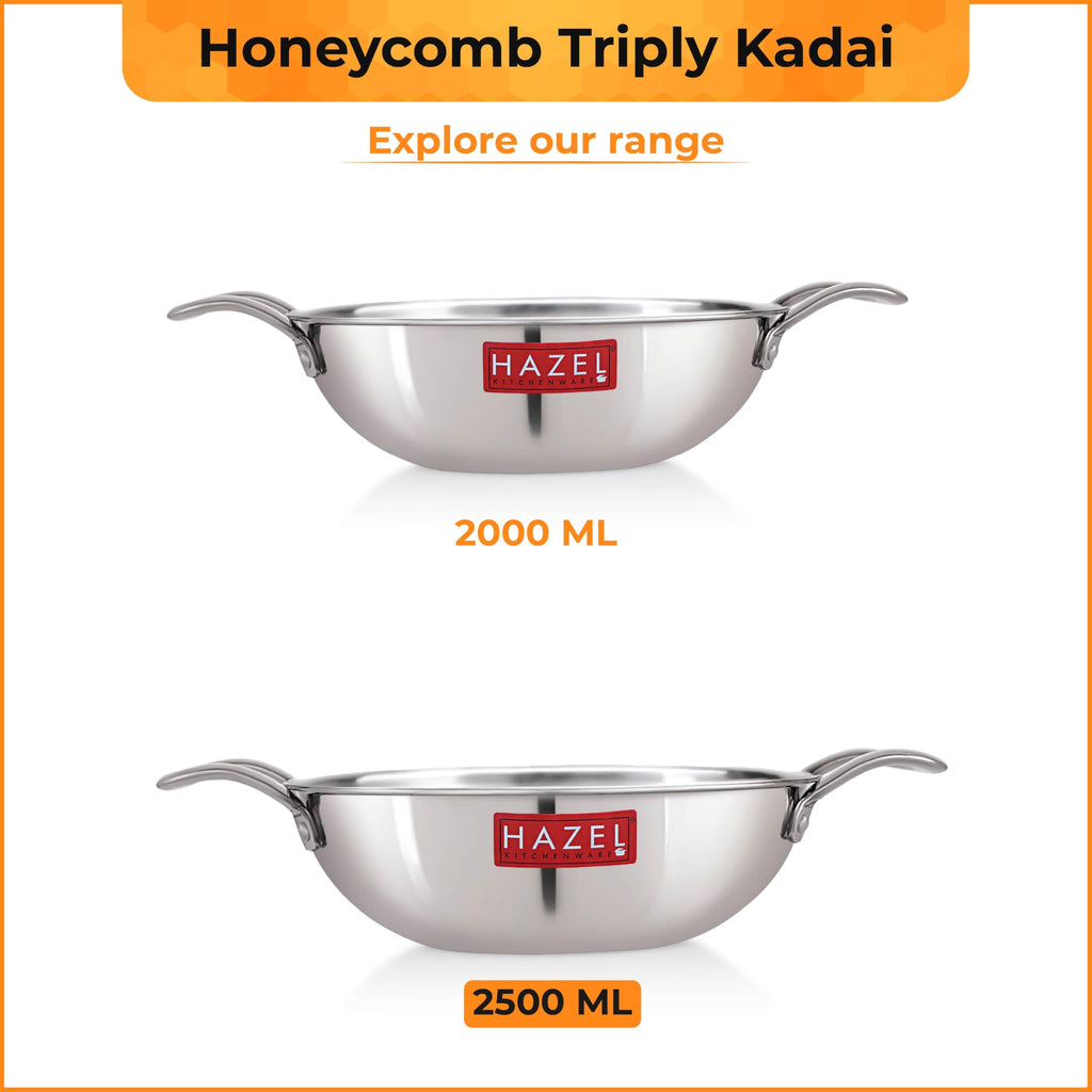 Honeycomb Triply Steel Kadhai with Glass Lid, Non Stick Kadai– 24 cm, 2.5 L