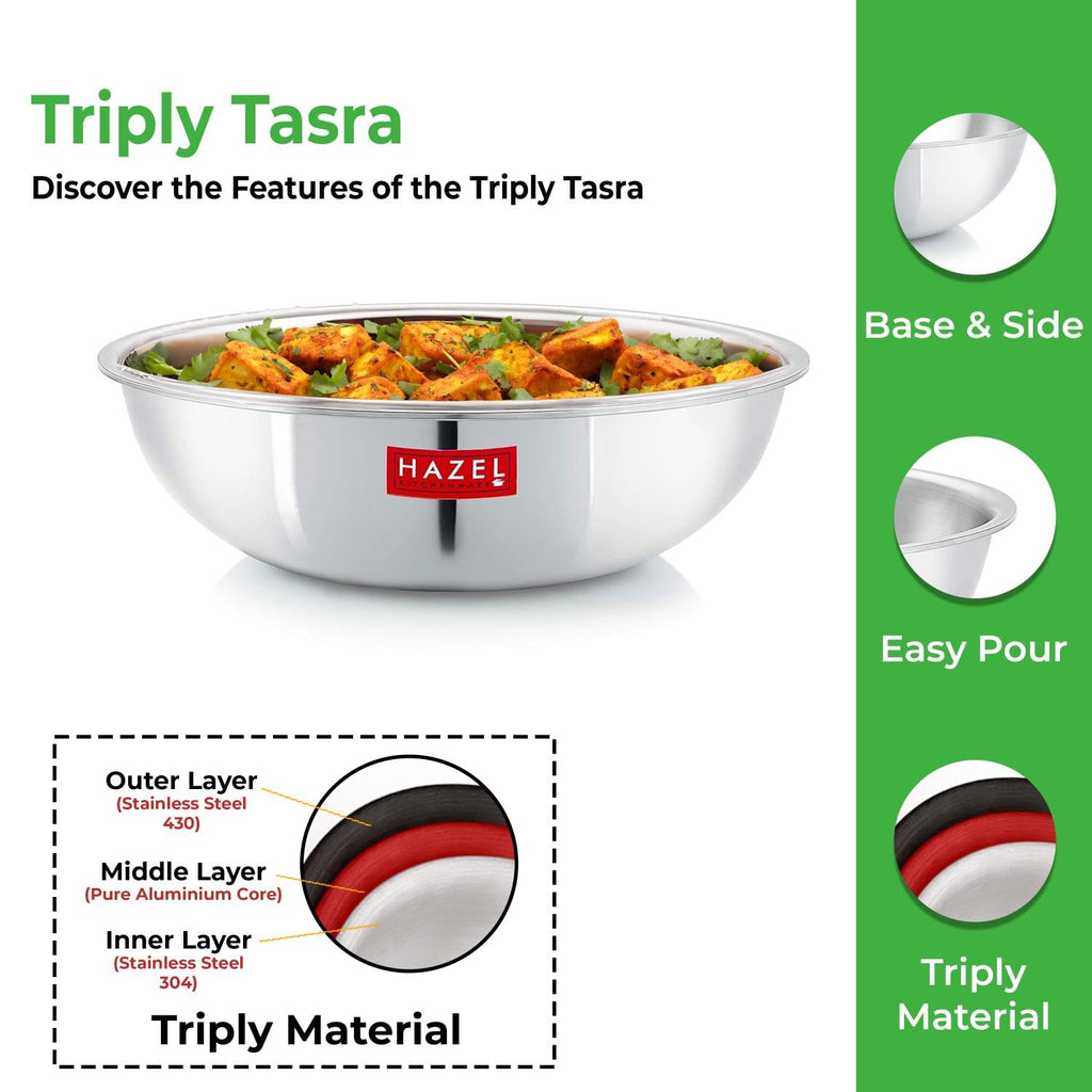 Triply Stainless Steel Induction Bottom Tasra With  Steel Lid, 3 L, 26.5 cm