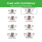 Size range chart displaying eight tasra sizes from 1200ML to 5500ML under a Cook with Confidence banner.