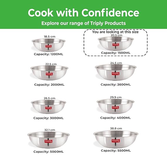 Size range chart displaying eight tasra sizes from 1200ML to 5500ML under a Cook with Confidence banner.