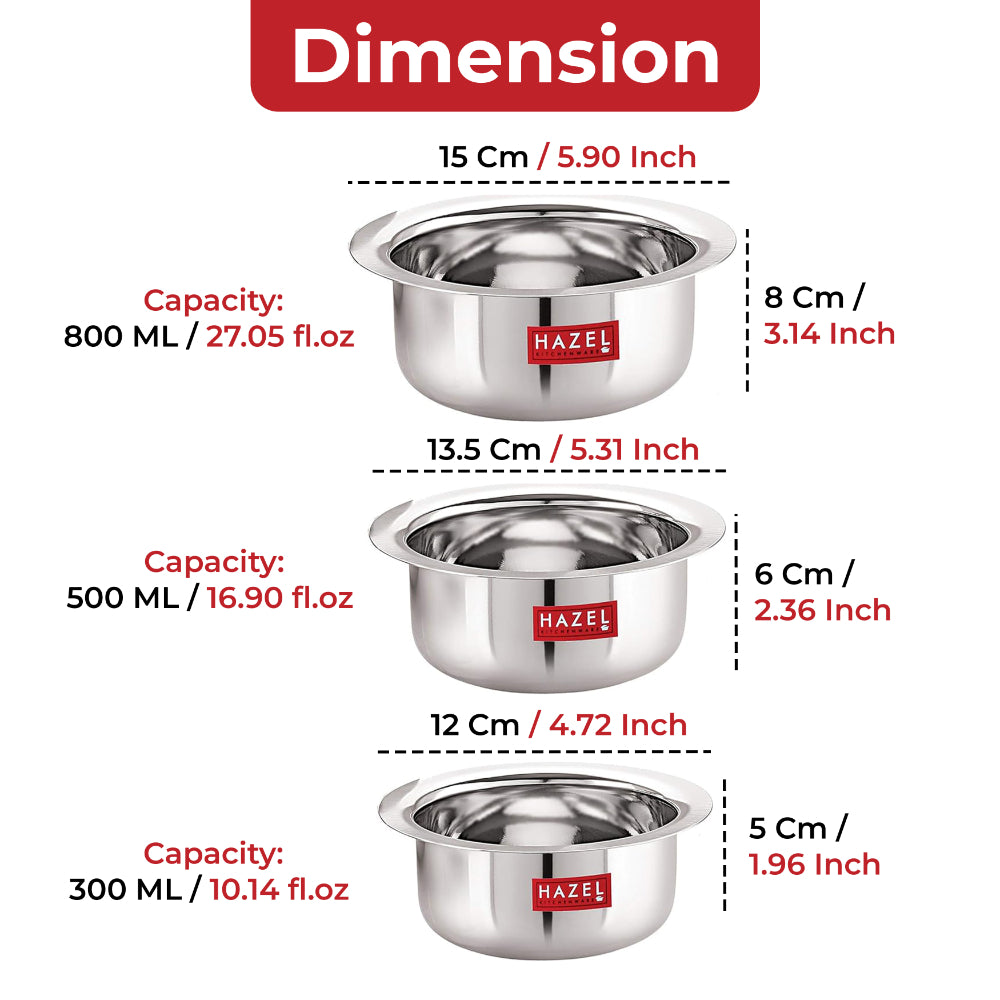 Stainless Steel Mini Patila Set of 3 – Round Bottom (300,500, 800 ML)