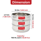 Stacked dabbas with dimension callouts: 15cm and 5.90 inch width, 14.1cm and 5.55 inch height, 4.7cm and 1
