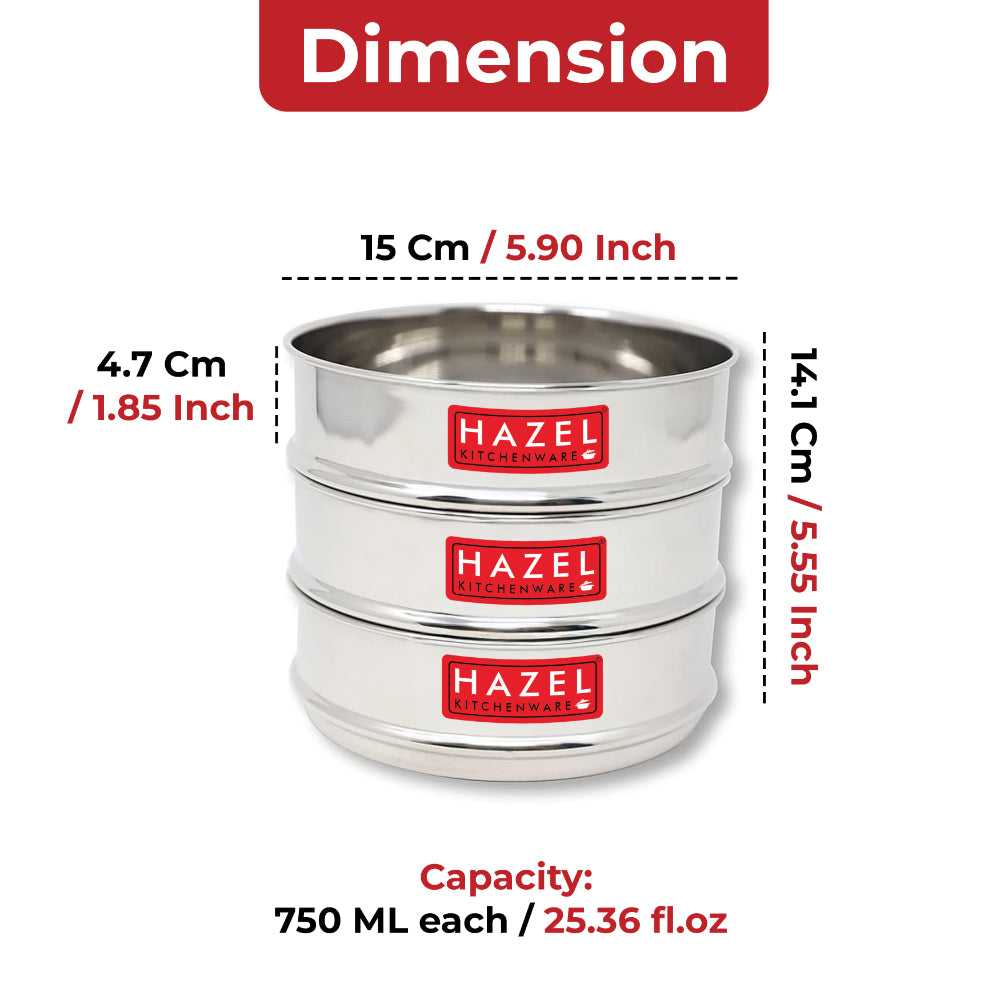 Stacked dabbas with dimension callouts: 15cm and 5.90 inch width, 14.1cm and 5.55 inch height, 4.7cm and 1