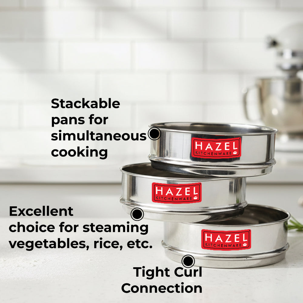Stacked dabbas on a kitchen counter with overlaid text callouts about stackable design, steaming use-case