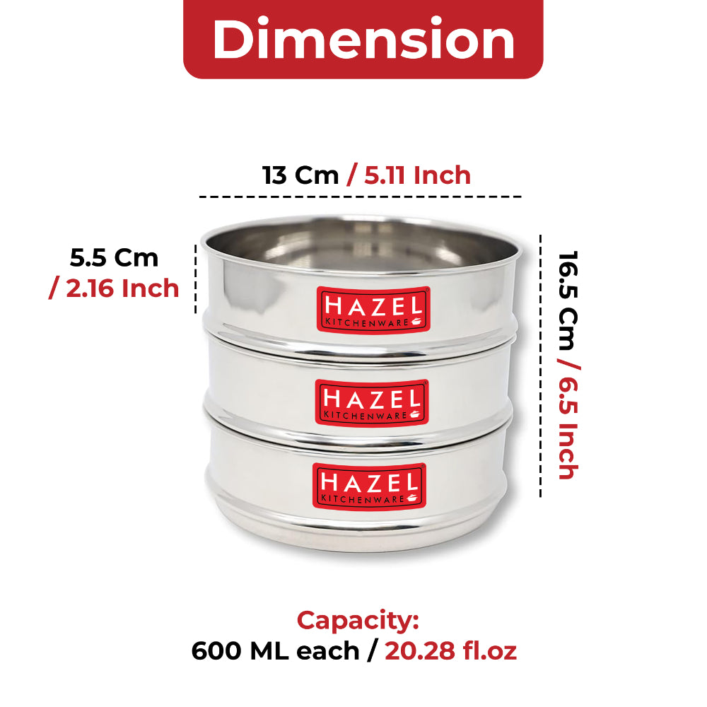 Stacked cooker dabbas on white background annotated with 13 cm diameter, 5.5 cm height per piece, 16