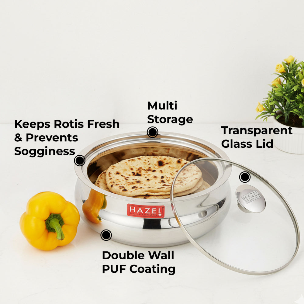 Casserole filled with rotis with the glass lid leaning against it, annotated with callouts for keeping rotis.