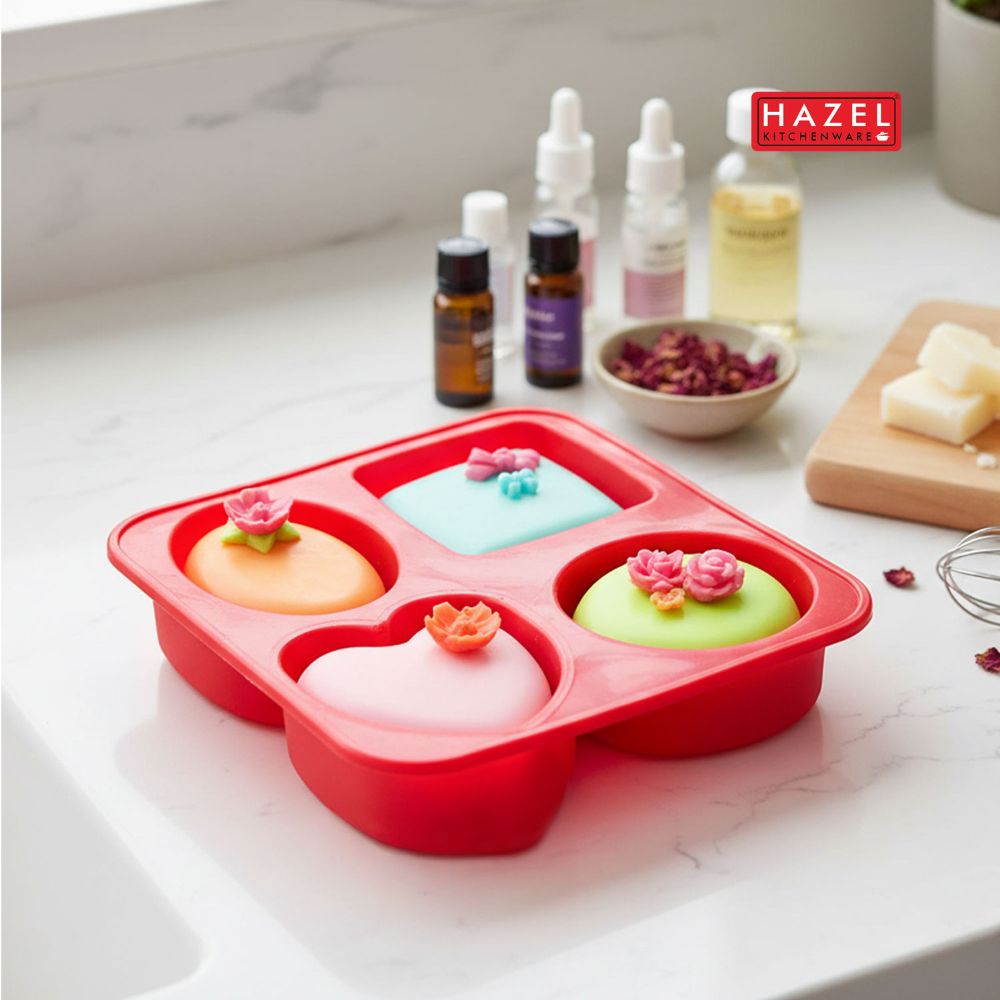 Silicone Soap Mould – 4 Cavity (Heart & Round Shapes), Red