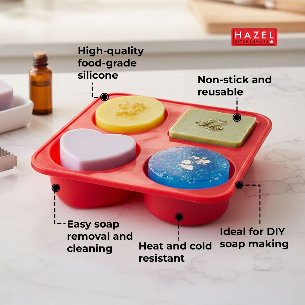 Silicone Soap Mould – 4 Cavity (Heart & Round Shapes), Red