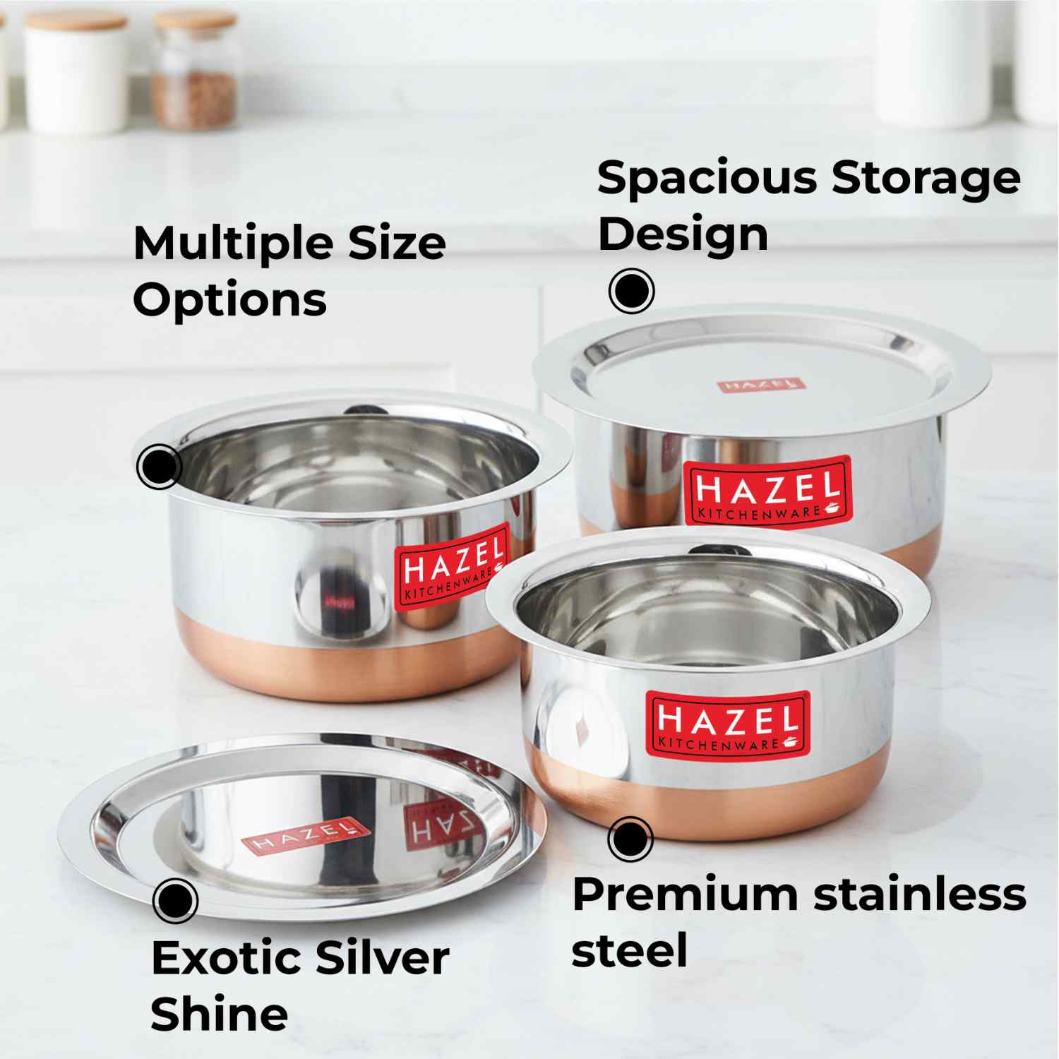 Stainless Steel Copper Bottom Tope with Lid – Set of 3 ( 1 L, 1.5 L, 1.9 L)
