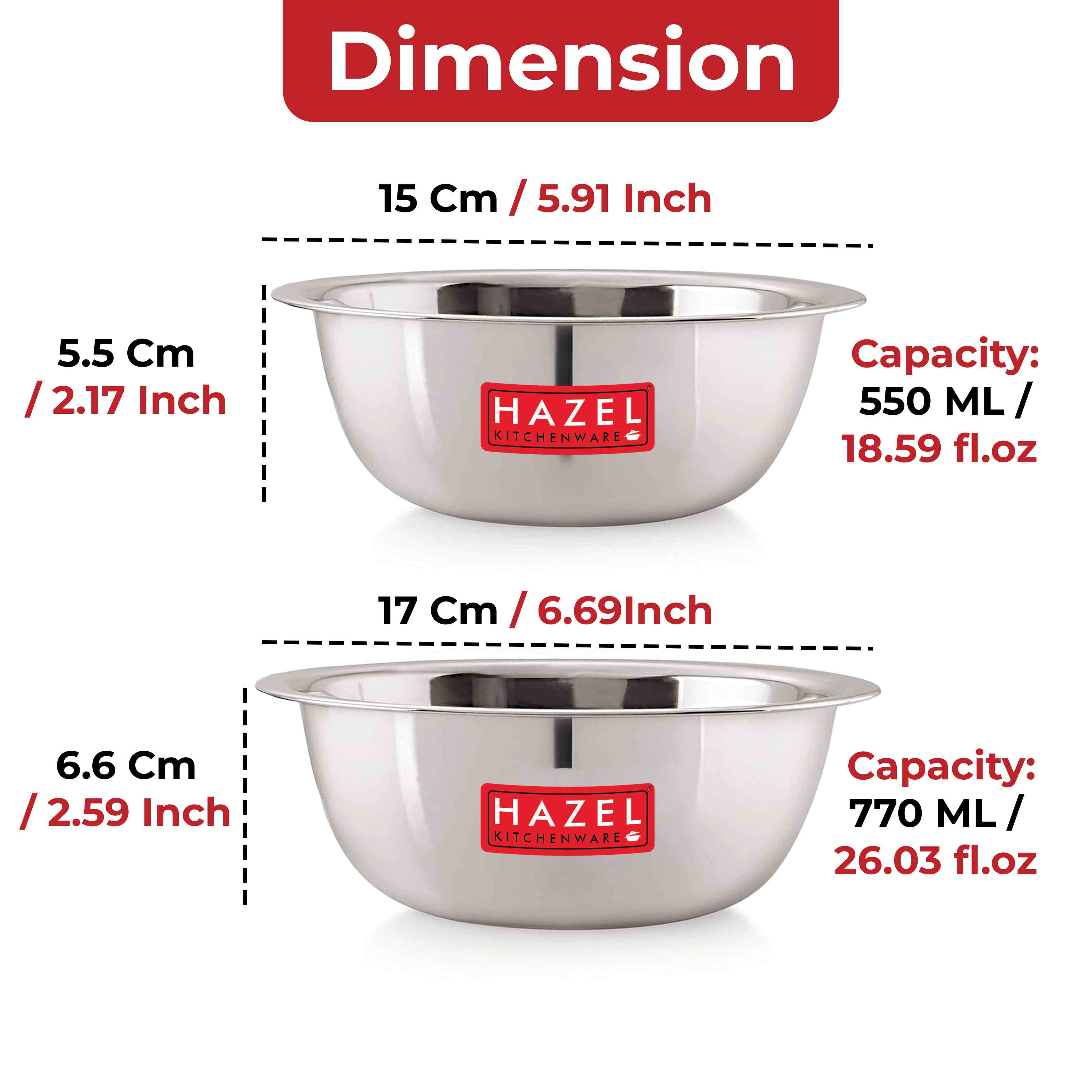 Stainless Steel Mixing Bowl Set of 2, 550 ML, 770 ML