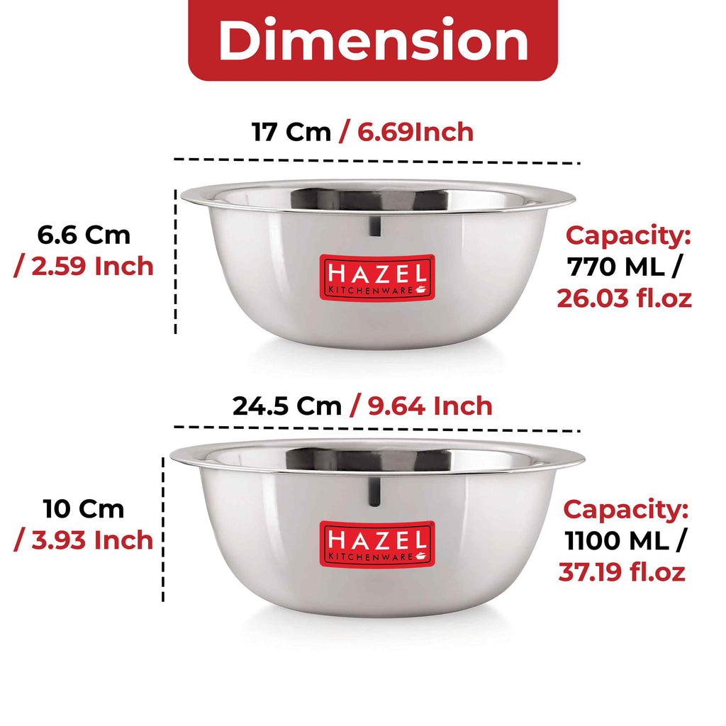 Stainless Steel Mixing Bowl Set of 2, 770 ML, 1100 ML