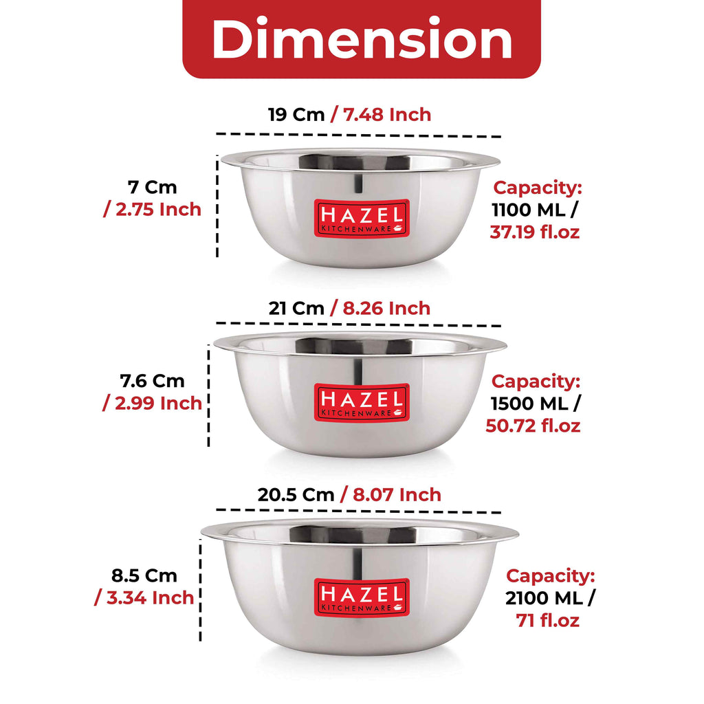 Stainless Steel Mixing Bowl Set of 3 1100, 1500, 2100 ML