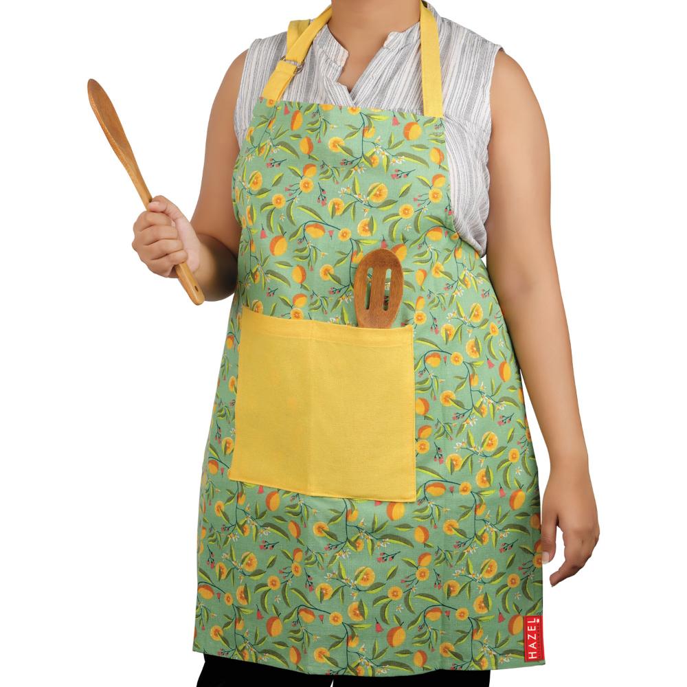 Cotton Kitchen Apron with Front Pocket – Yellow & Green — shown at an angle