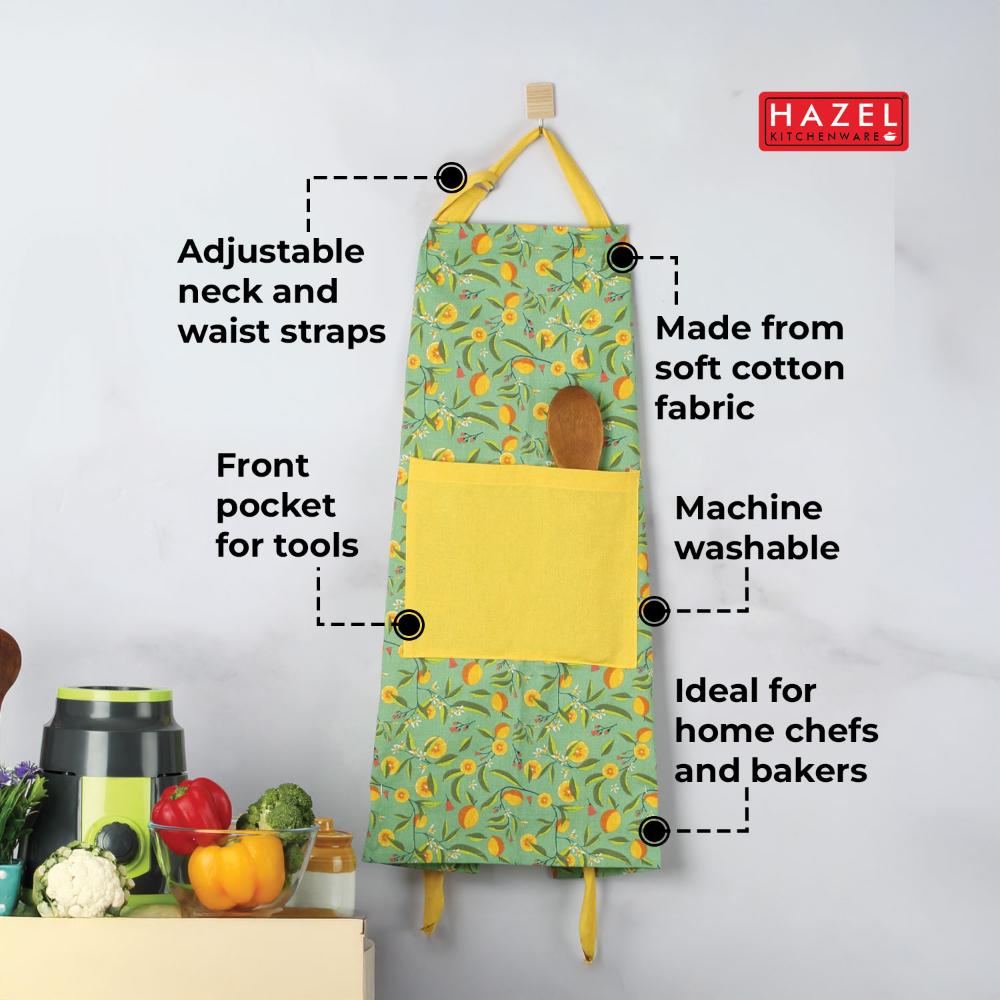 Cotton Kitchen Apron with Front Pocket – Yellow & Green — shown in close-up