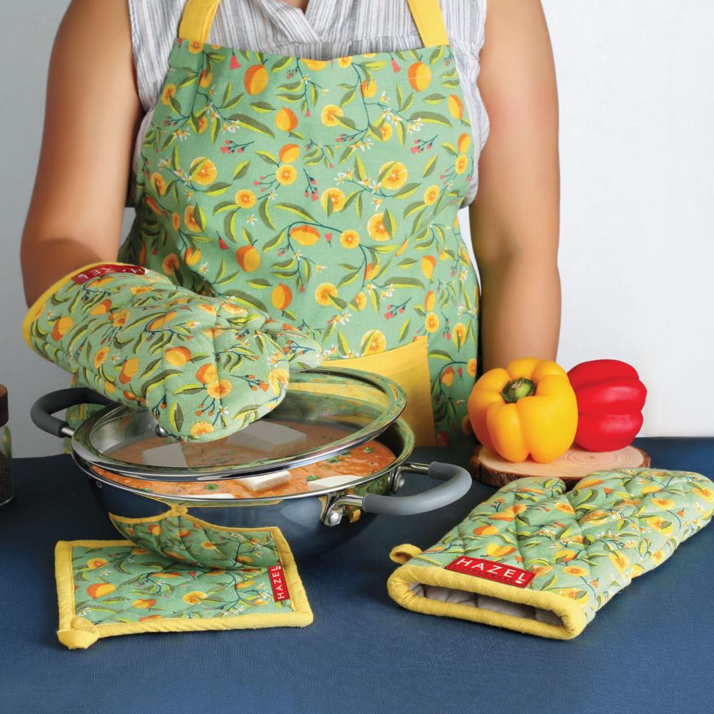 Cotton Kitchen Apron with Front Pocket – Yellow & Green — shown with product details