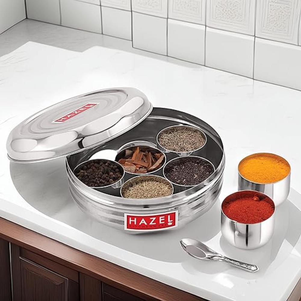 Stainless Steel Masala Dabba With 7 Wati And Small Spoon