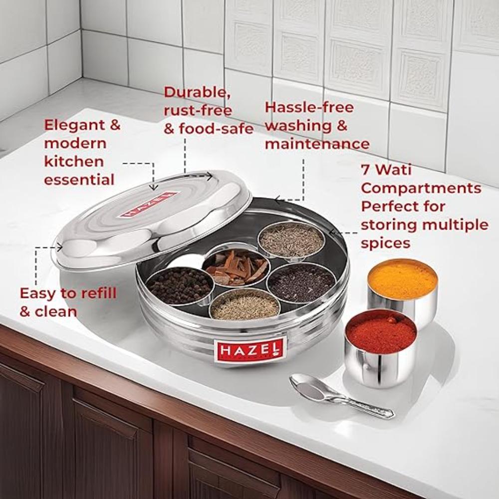 Stainless Steel Masala Dabba With 7 Wati And Small Spoon